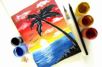 Закат на море гуашью